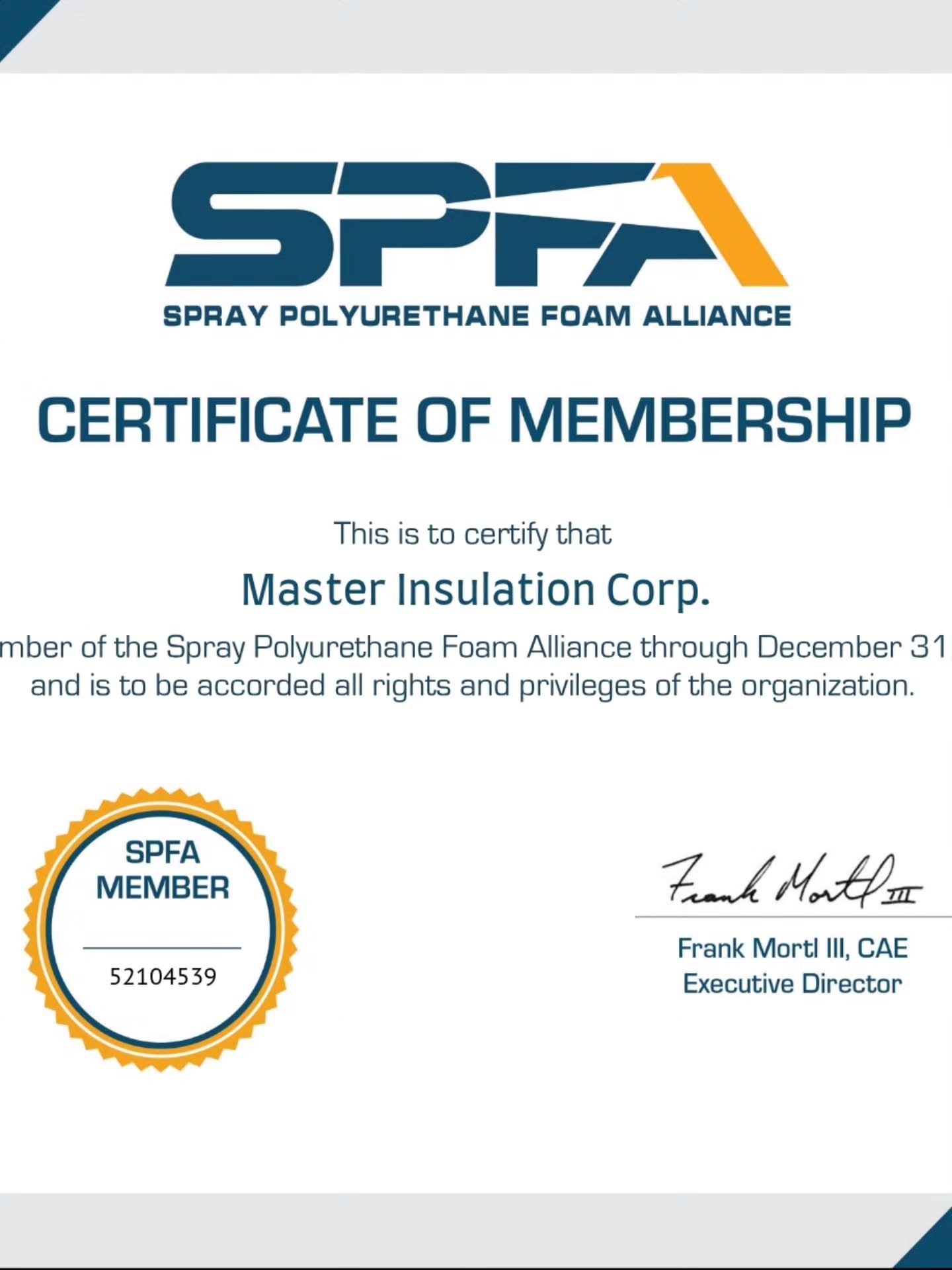 Certificate of Member SPFA - Master Insulation Corp