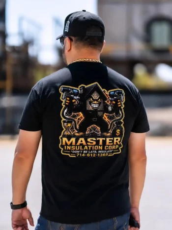 Master Insulation Corp technician wearing a black company t-shirt with a golden logo on the back, ready for a home insulation project in Anaheim.
